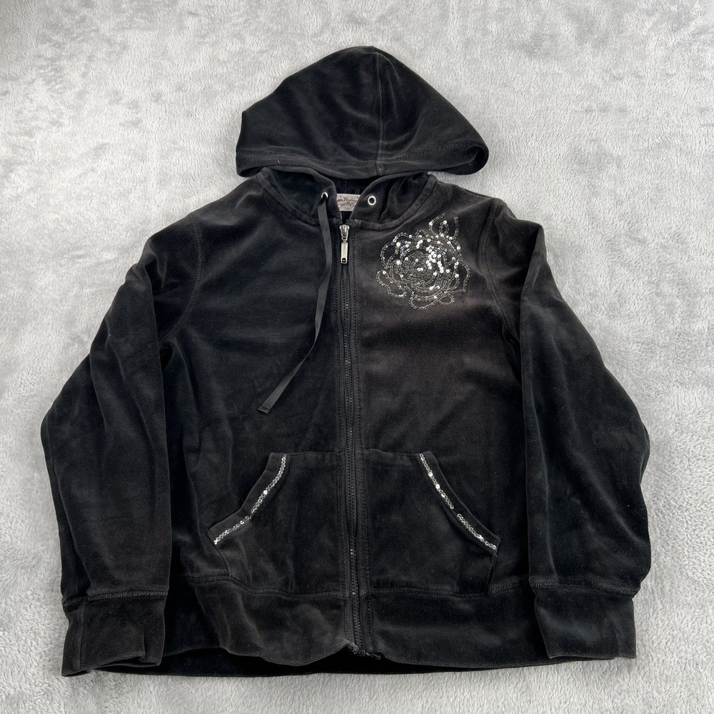 Vintage Cotton Sequin Velour Zip Hoodie M Black Y2K Embroidered Track Jacket